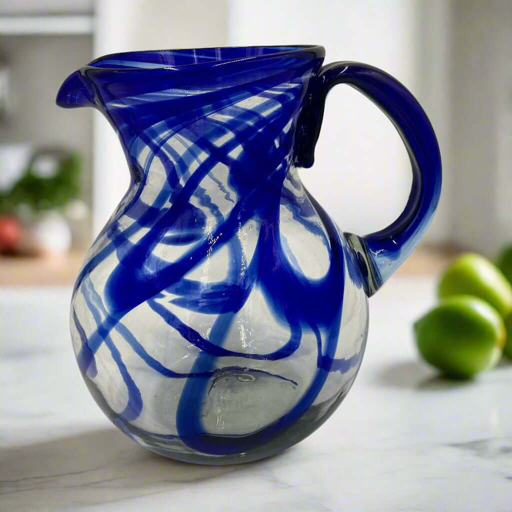 Hand Blown Mexican Glass Pitcher - Blue Swirl